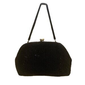 Vintage Women’s Black Beaded With Metal Kiss Lock Closure Evening Handbag